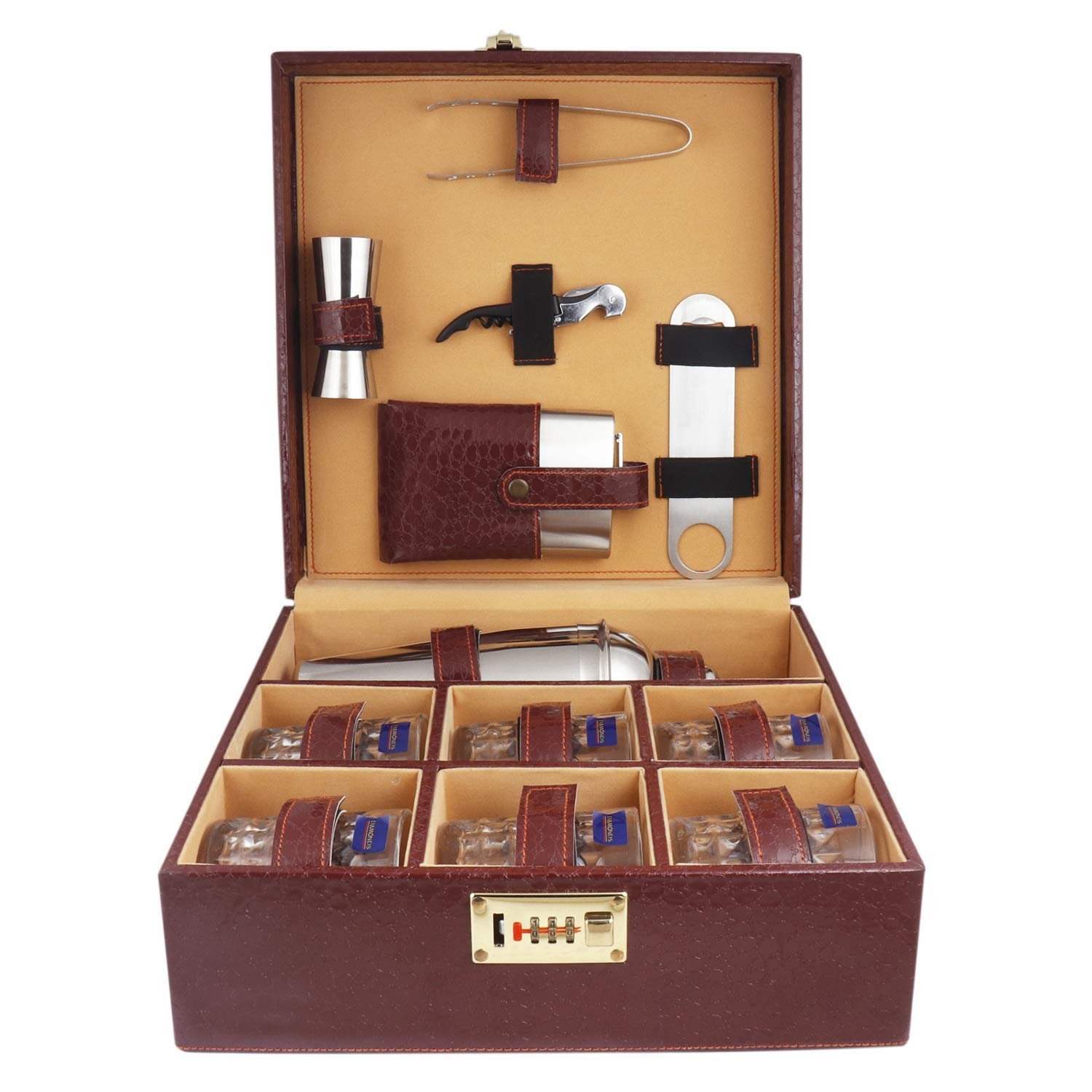 Wellingston Leather Portable 6-Glass Bar Set with Cocktail Shaker and Bar Tools Kit, Barware Sets for Whisky, Travel, Picnic and Gifting | Bar Set for Car | Bartender Kit | Portable Liquor I Brown