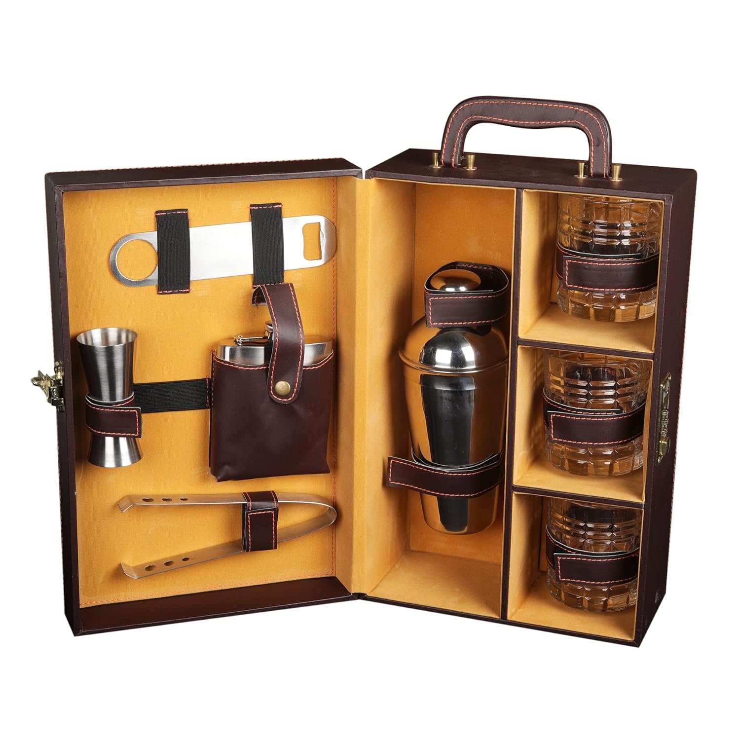 Wellingston Premium Bar Accessories Set with Whiskey Glasses | Portable Leatherette Bar Tool Kit in Luxury Carry Case | Bar Set for Travel | Bar Set for Car | (Brown)