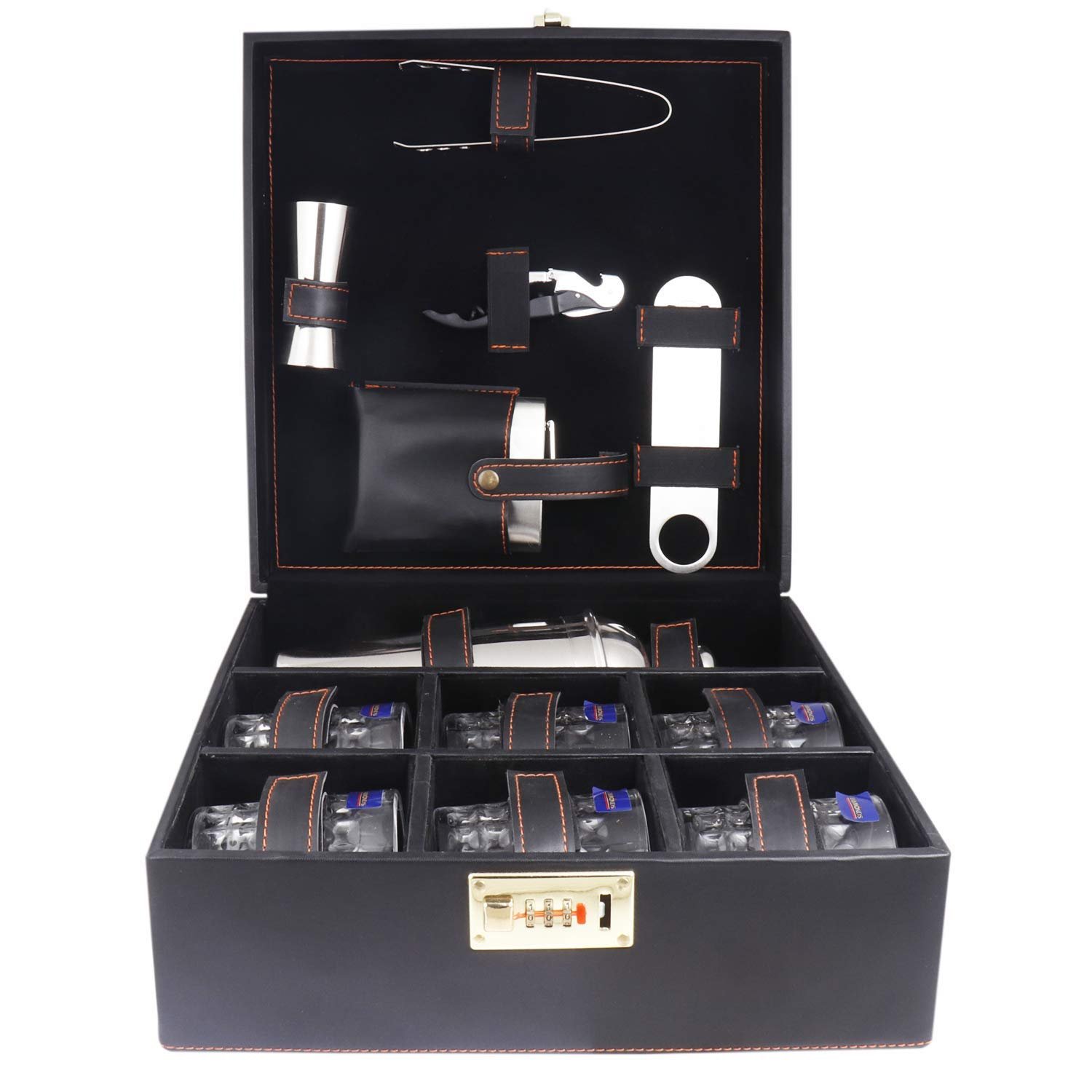 Wellingston Leather Portable 6-Glass Bar Set with Cocktail Shaker and Bar Tools Kit, Barware Sets for Whisky, Travel, Picnic and Gifting | Bar Set for Car | Bartender Kit | Black