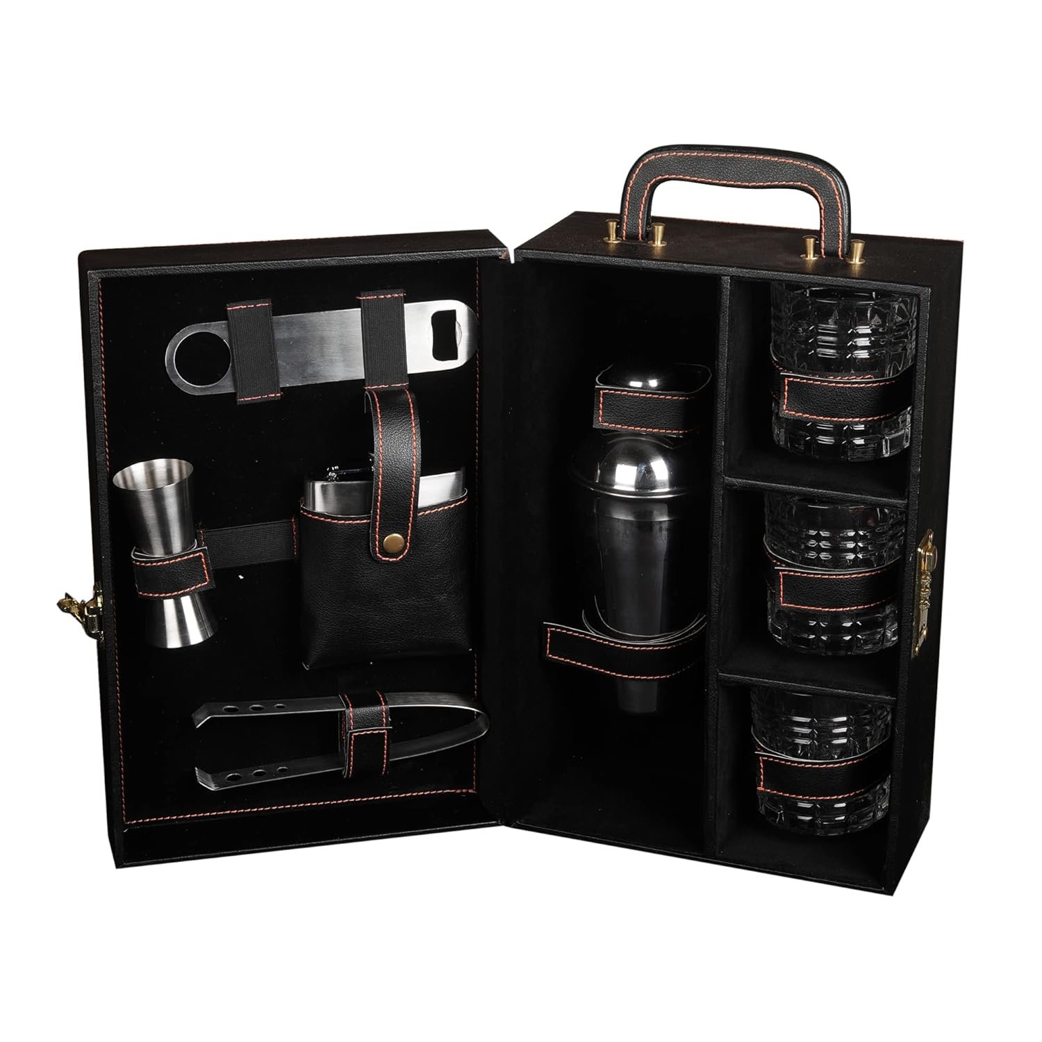 Premium Bar Accessories Set with Whiskey Glasses | Premium Bar Tool Kit in Luxury Carry Case | Bar Set for Travel | Bar Set for Car | (Black)