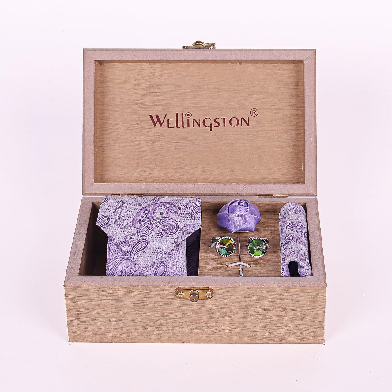 Wellingston Purple Printed Texture Tie For Men – Formal Ties Set With Pocket Square, Tie Pin Brooch & Cufflinks For Mens, Silk Neckties Gift Sets For Men’s