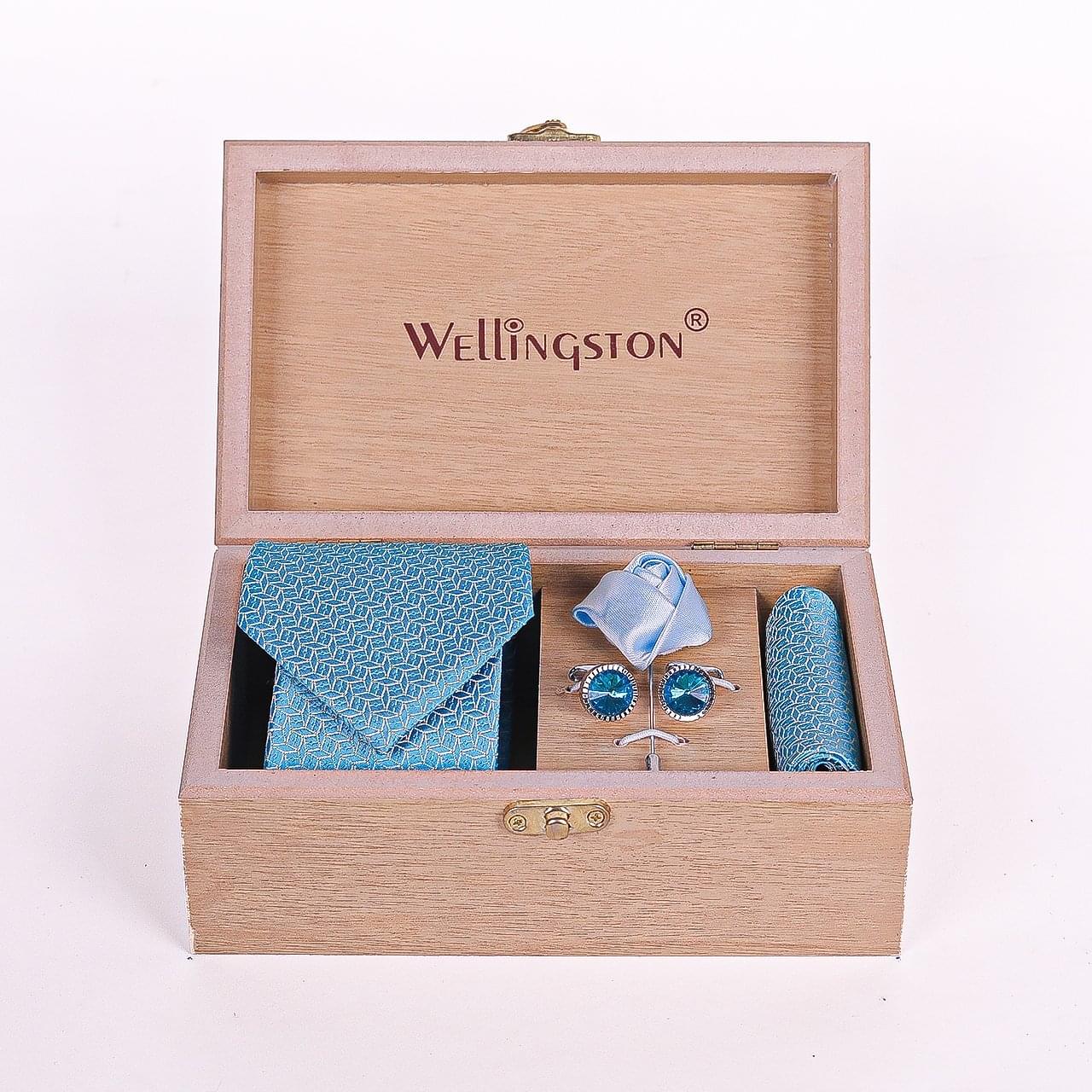 Wellingston Blue Texture Tie For Men – Formal Ties Set With Pocket Square, Tie Pin Brooch & Cufflinks For Mens, Silk Neckties Gift Sets For Men’s