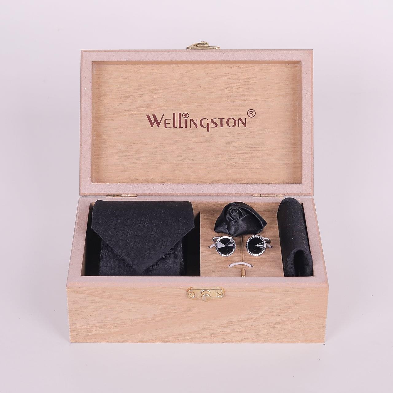 Wellingston Black Texture Tie For Men – Formal Ties Set With Pocket Square, Tie Pin Brooch & Cufflinks For Mens, Silk Neckties Gift Sets For Men’s