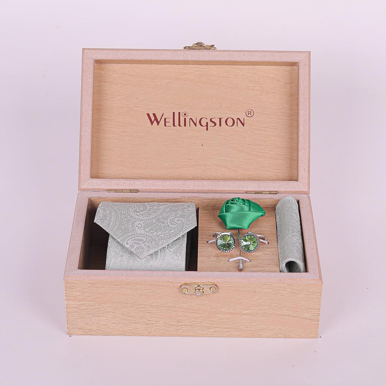 Wellingston Light Green Texture Tie For Men – Formal Ties Set With Pocket Square, Tie Pin Brooch & Cufflinks For Mens, Silk Neckties Gift Sets For Men’s