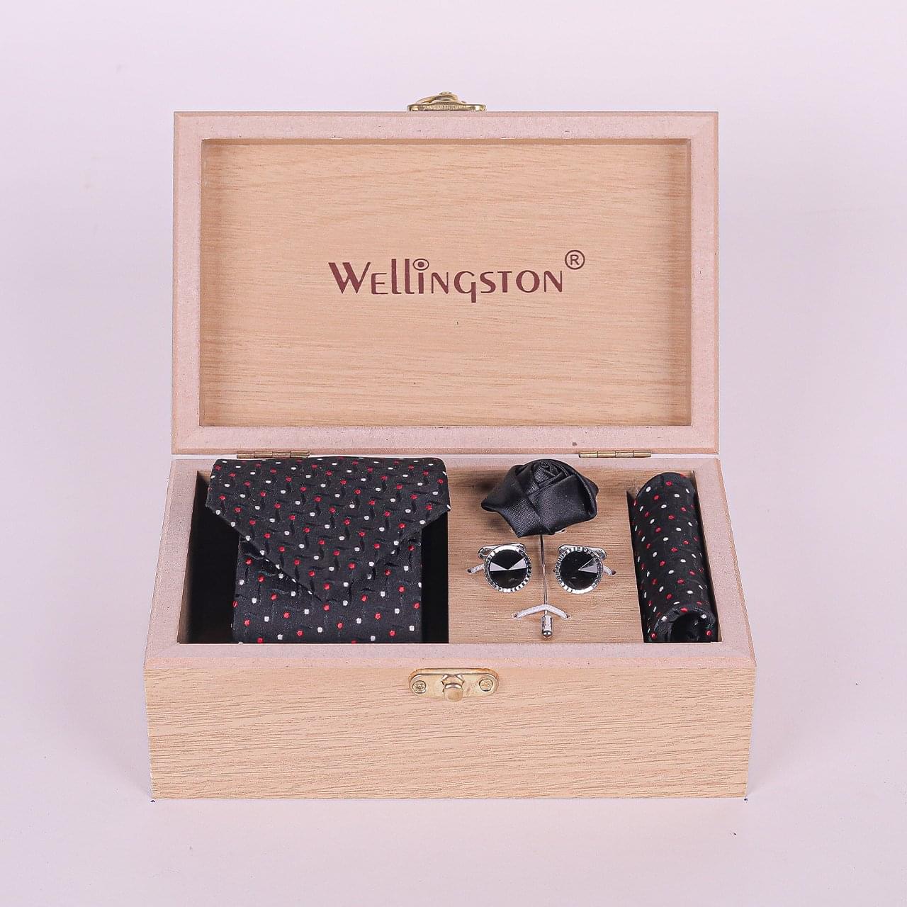 Wellingston Black dotted Tie set For Men