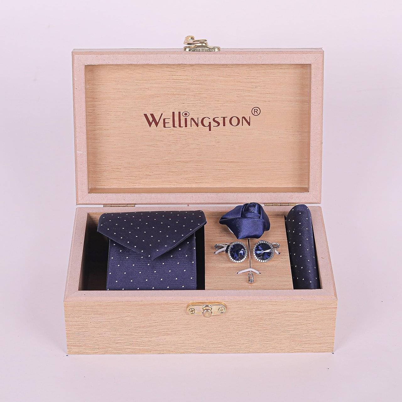 Wellingston Blue Texture dotted Tie For Men – Formal Ties Set With Pocket Square, Tie Pin Brooch & Cufflinks For Mens, Silk Neckties Gift Sets For Men’s