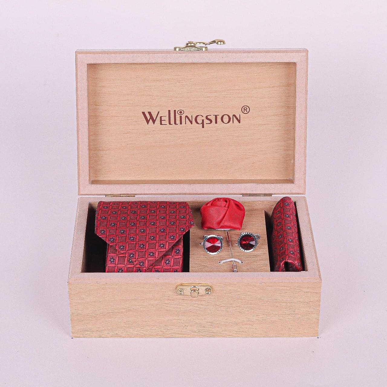 Wellingston Red Texture Tie For Men – Formal Ties Set With Pocket Square, Tie Pin Brooch & Cufflinks For Mens, Silk Neckties Gift Sets For Men’s