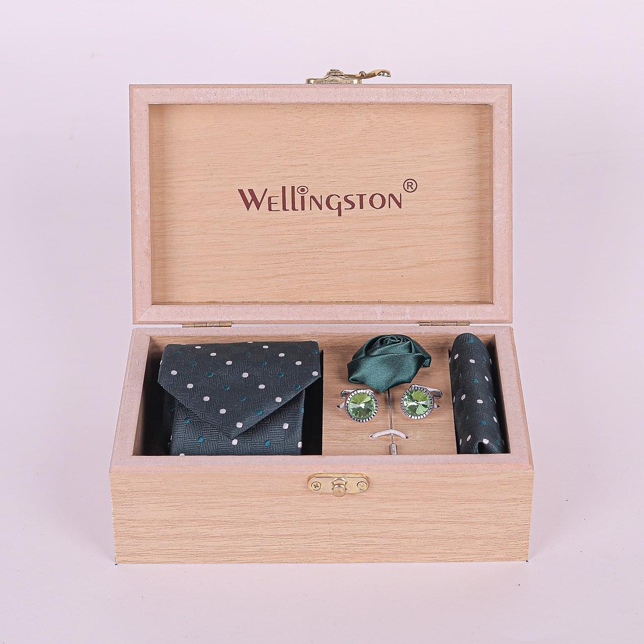 Wellingston Green Texture Tie For Men – Formal Ties Set With Pocket Square, Tie Pin Brooch & Cufflinks For Mens, Silk Neckties Gift Sets For Men’s