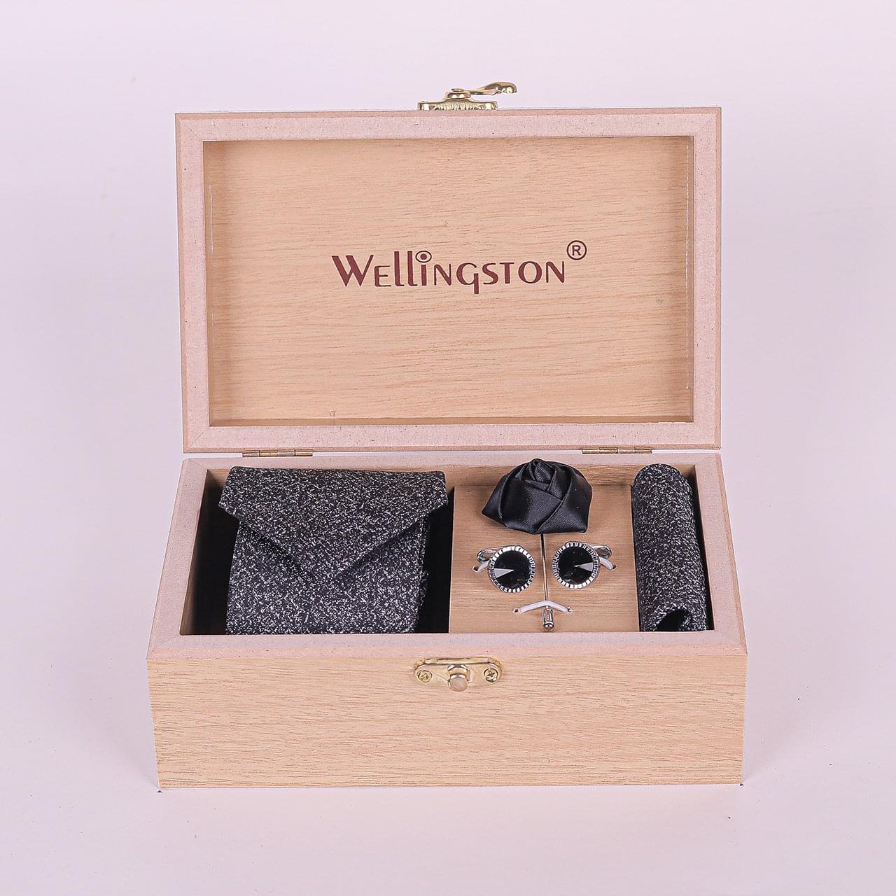Wellingston Black Texture Tie For Men – Formal Tie Set