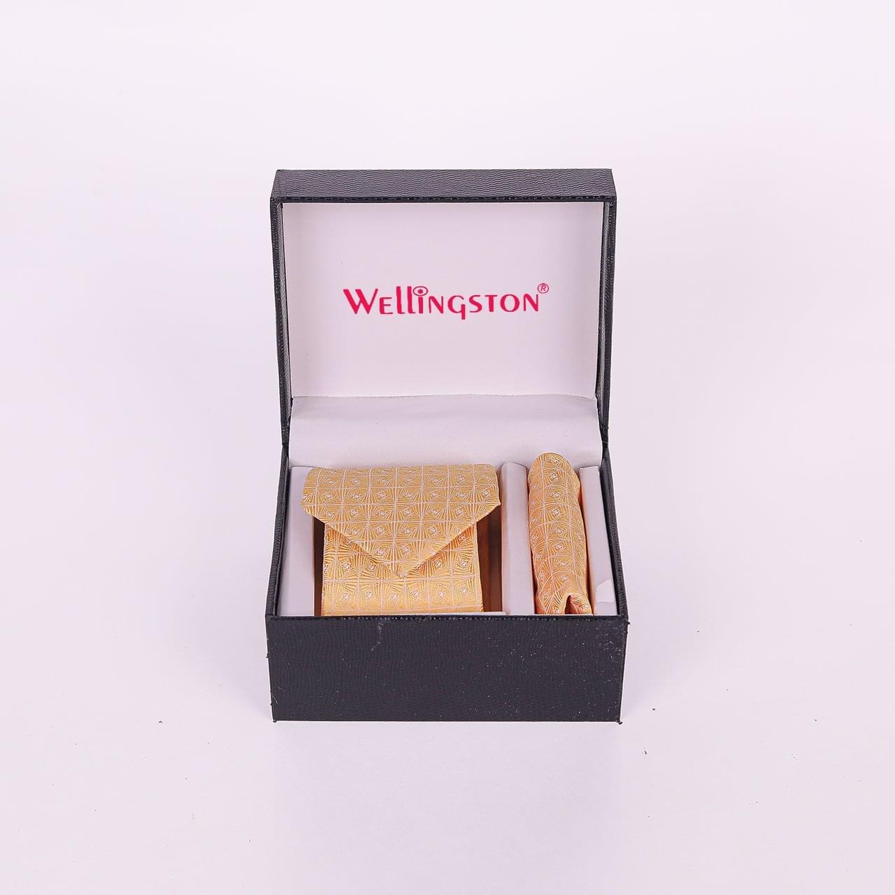 Wellingston Golden Printed Texture Tie For Men – Formal Ties With Pocket Square, MicroPoly Neckties Gift Sets For Men’s