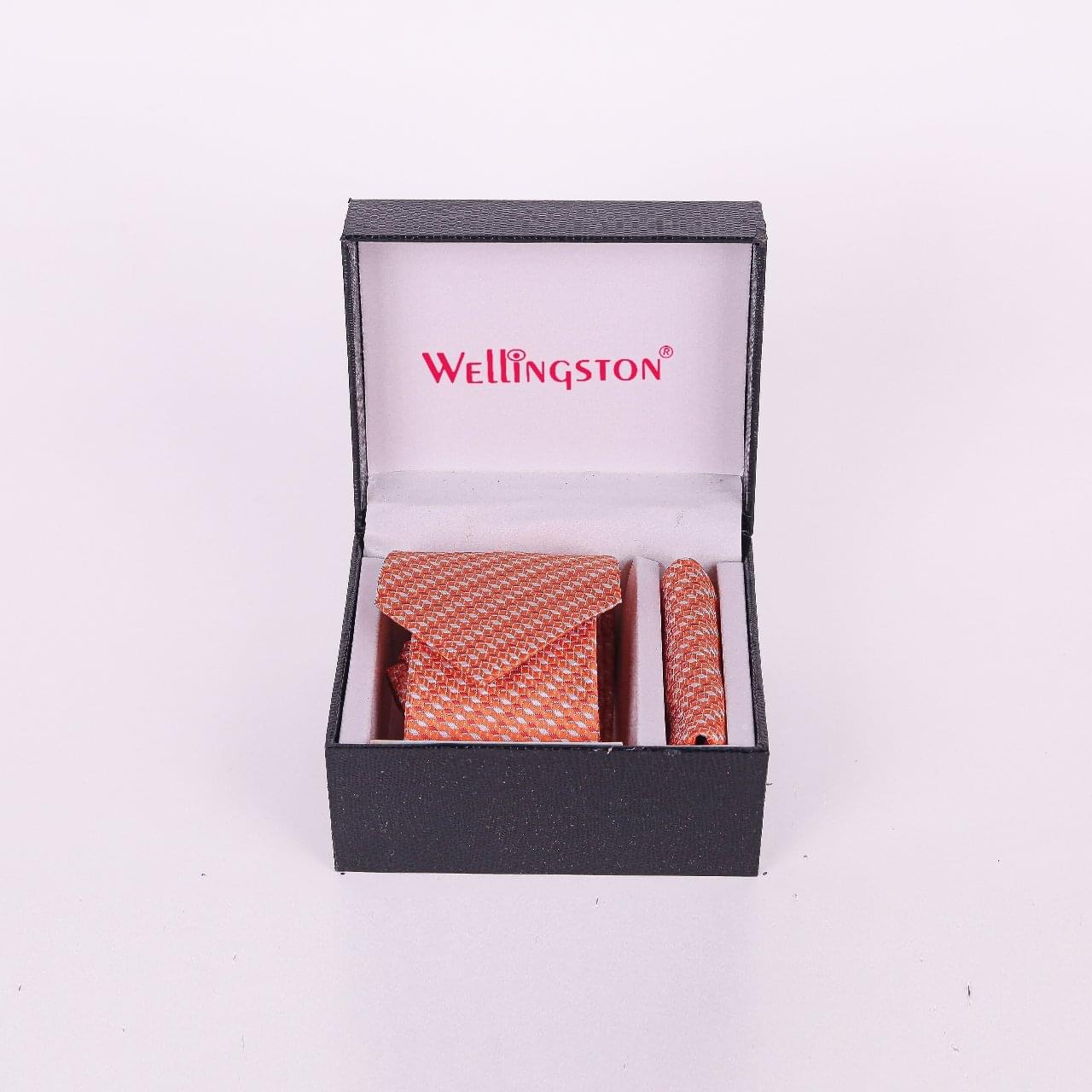Wellingston Orange Texture Tie For Men – Formal Ties With Pocket Square, MicrPoly Neckties Gift Sets For Men’s