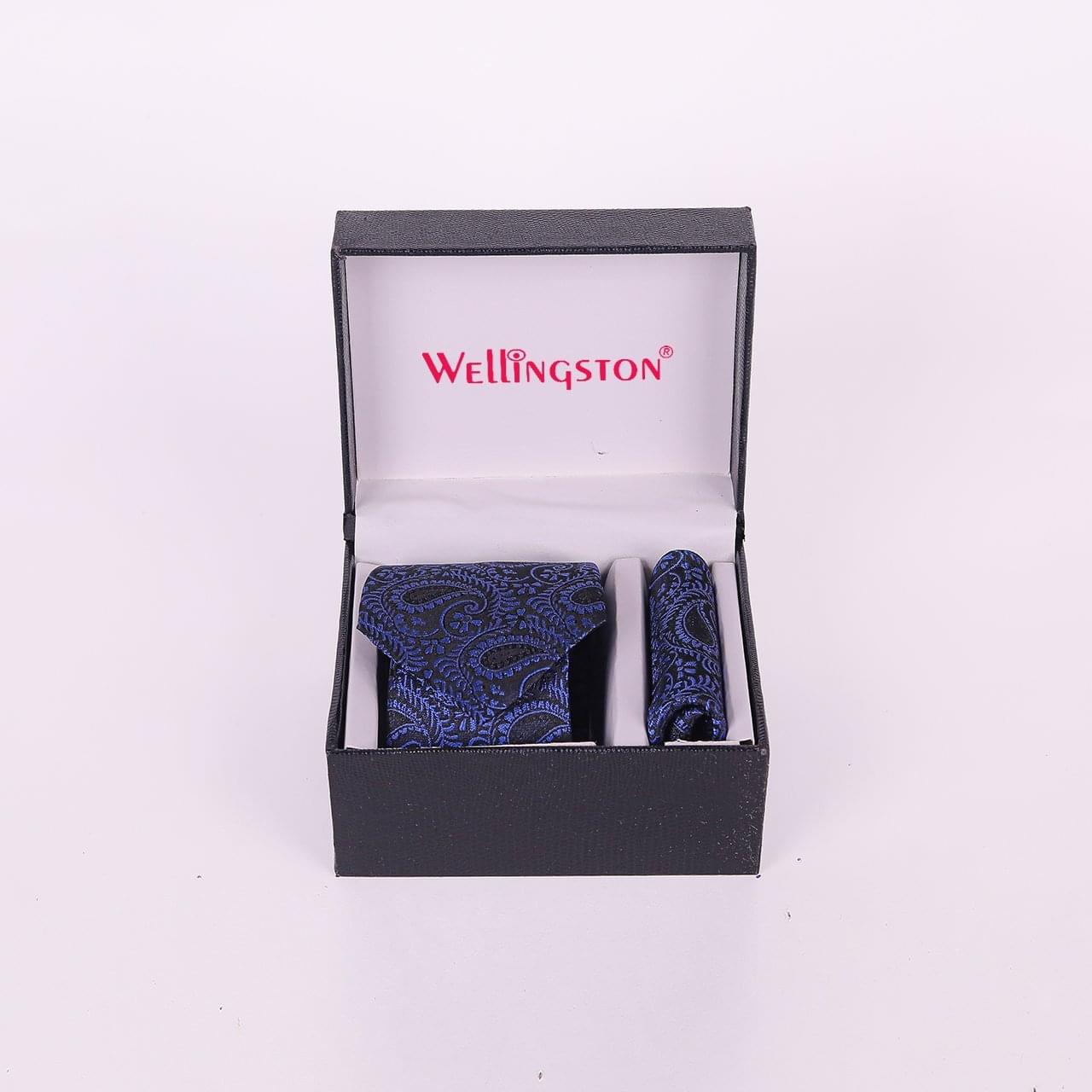 Wellingston Blue Printed Texture Tie For Men – Formal Ties With Pocket Square, MicroPoly Neckties Gift Sets For Men’s