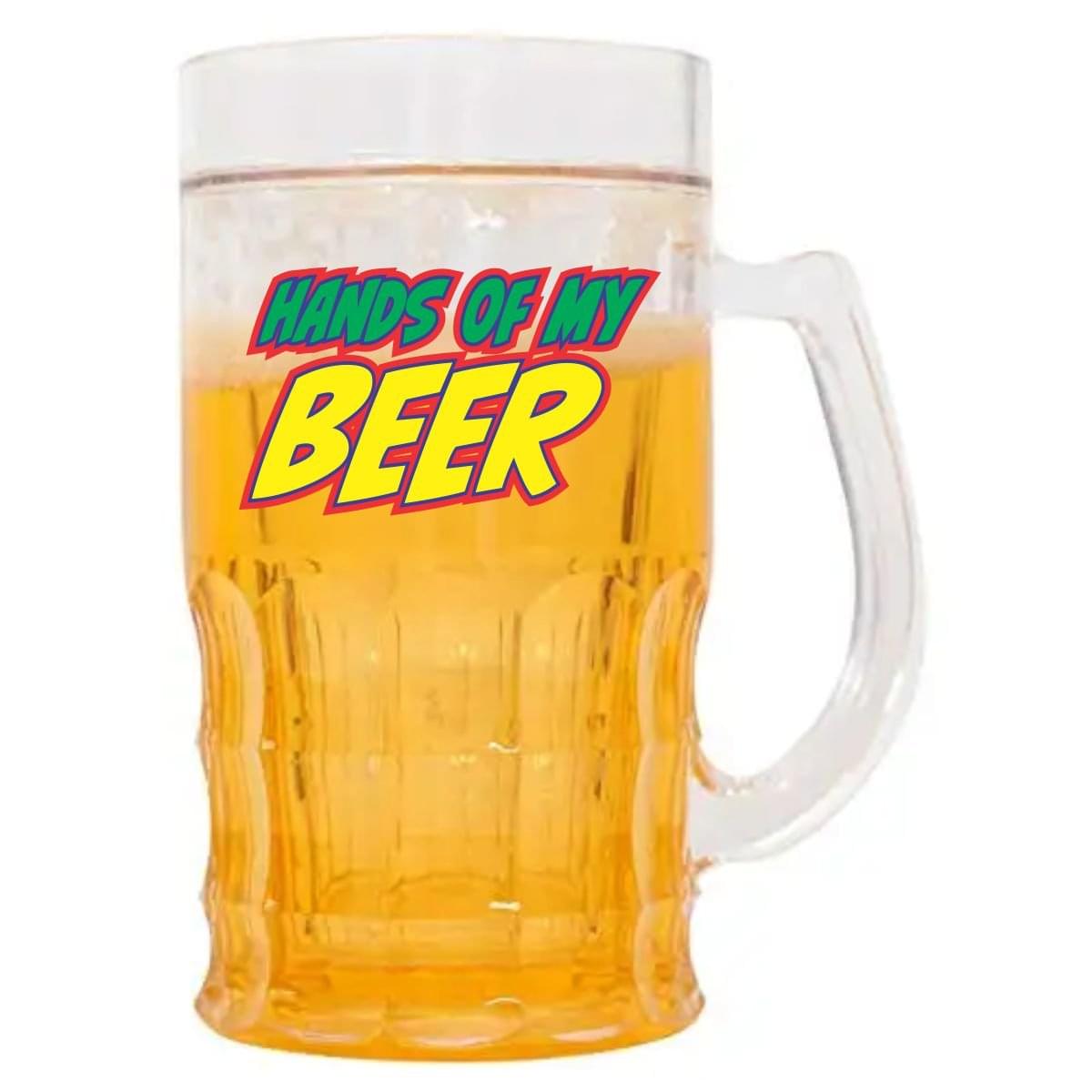 Wellingston printed (Hands of my Beer) Chiller Beer Mug Double Wall Freezing yellow Gel Inside Transparent Glass Mug | Keep Your Drinks Cold Longer | 350 ml