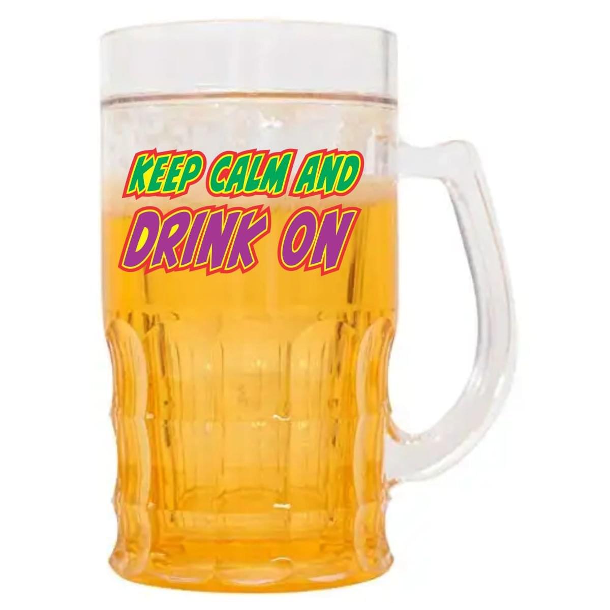 Wellingston printed (keep calm and drink on) Chiller Beer Mug Double Wall Freezing yellow Gel Inside Transparent Glass Mug | Keep Your Drinks Cold Longer | 350 ml
