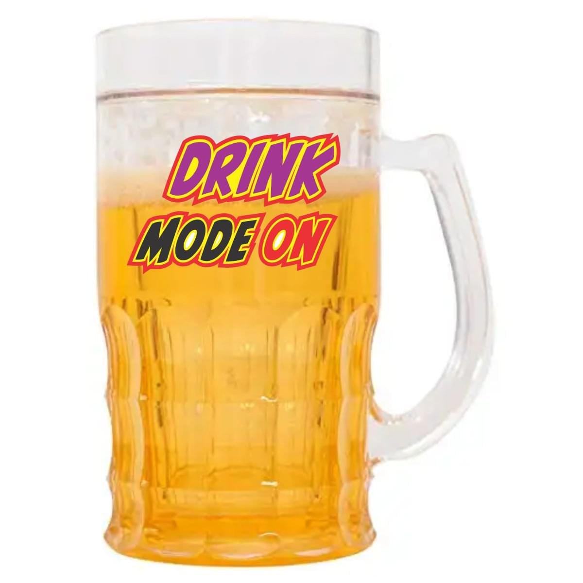 Wellingston printed (drink mode on) Chiller Beer Mug Double Wall Freezing yellow Gel Inside Transparent Glass Mug | Keep Your Drinks Cold Longer | 350 ml