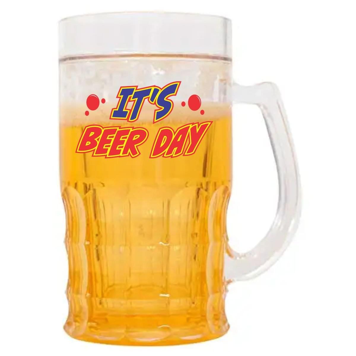 Wellingston printed (IT'S BEER DAY) Chiller Beer Mug Double Wall Freezing yellow Gel Inside Transparent Glass Mug | Keep Your Drinks Cold Longer | 350 ml