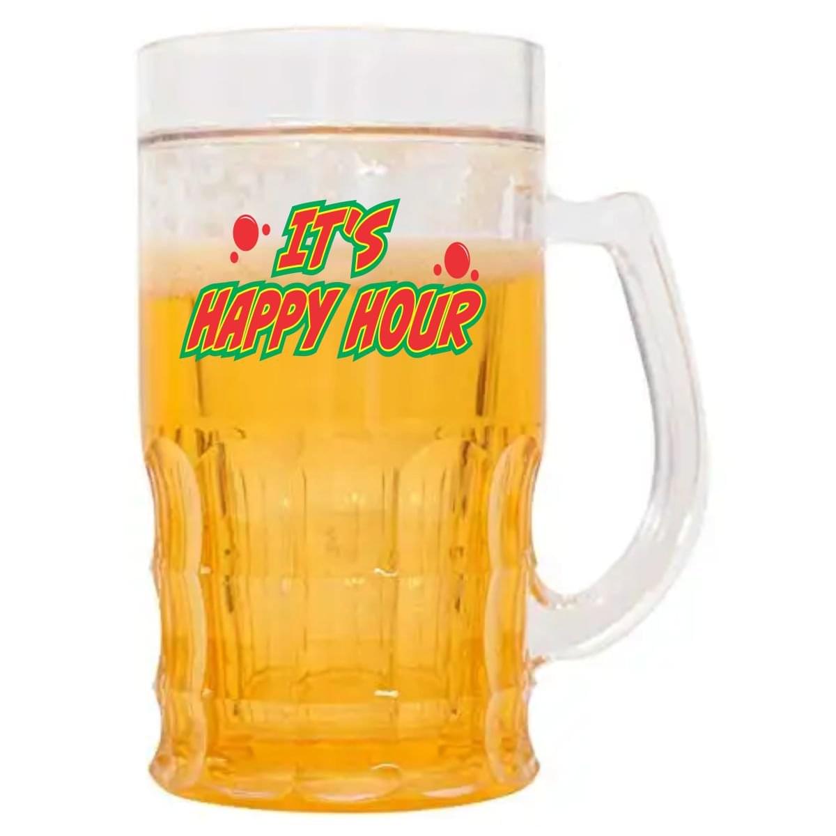 Wellingston printed (IT'S HAPPY HOUR) Chiller Beer Mug Double Wall Freezing yellow Gel Inside Transparent Glass Mug | Keep Your Drinks Cold Longer | 350 ml