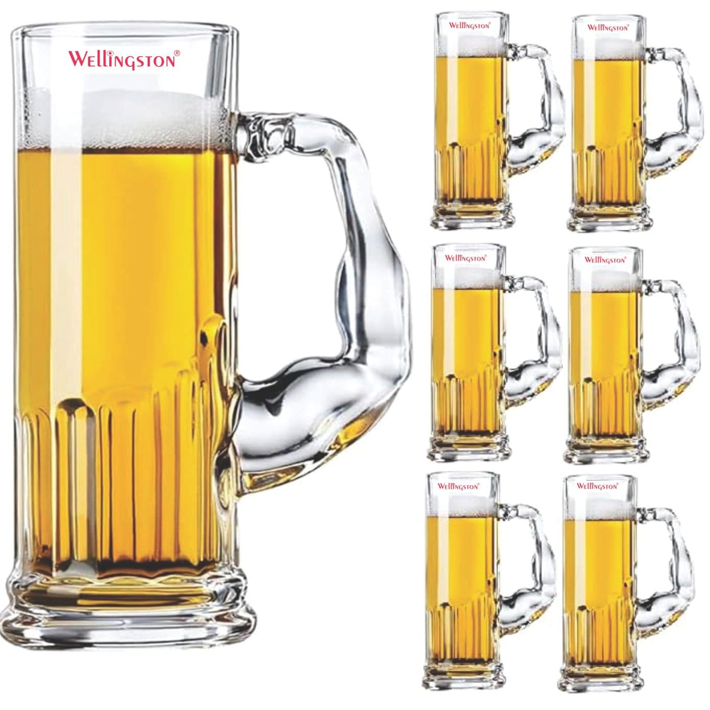 Wellingston Italian Premium, Muscle Beer Glass - 600 ML Clear Glass with Unique Muscle Handle Shape - Jumbo Size Drinking Mug - Ideal Gift for Men ( pack of 01)