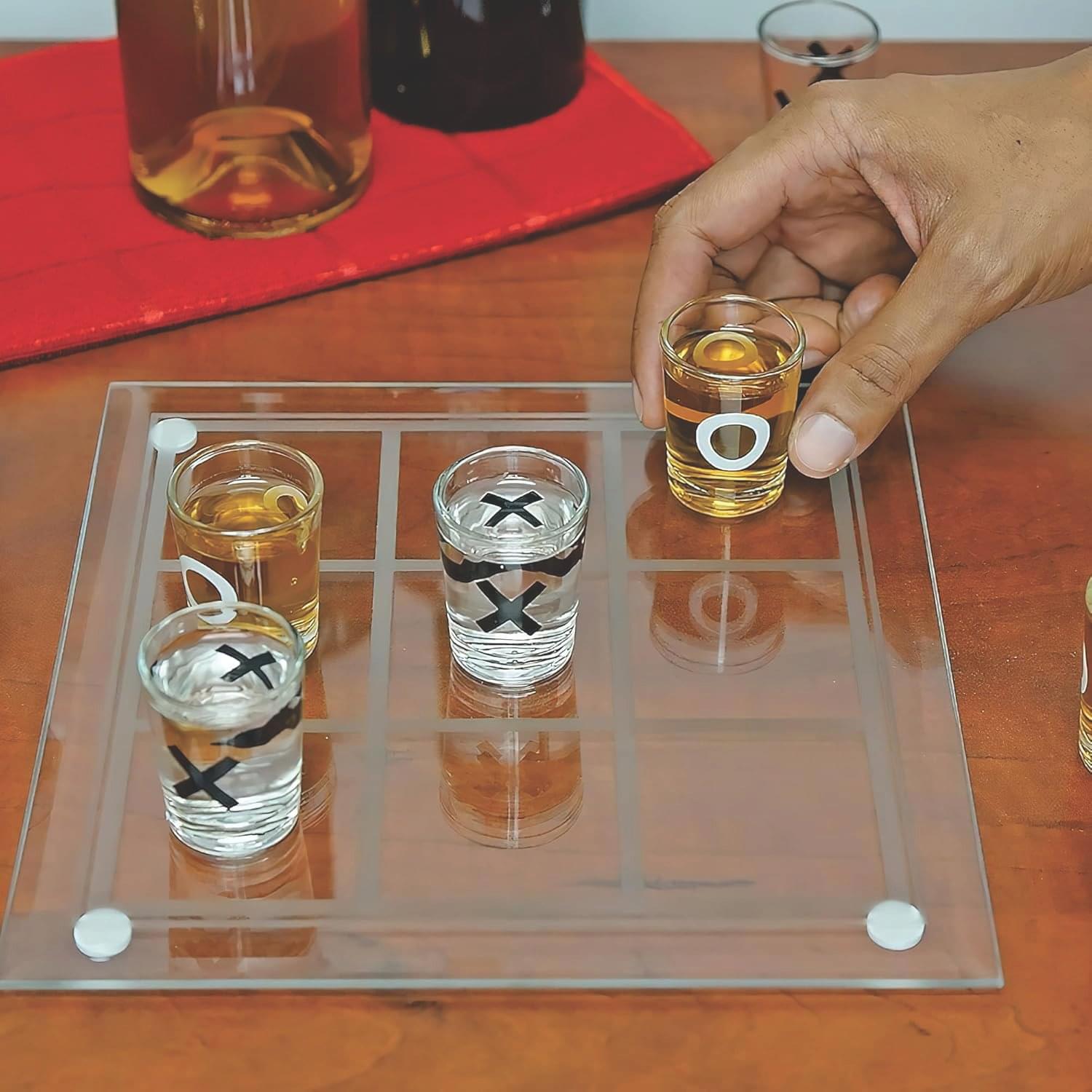 Wellingston Tic Tac Toe Shot Glass Drinking Game, Beer Bottle Opener Cap Game, His & Hers Wine Cork & Beer Cap Shadow Box (TIC TAC TOE) Premium Glass Board Vintage print concept.
