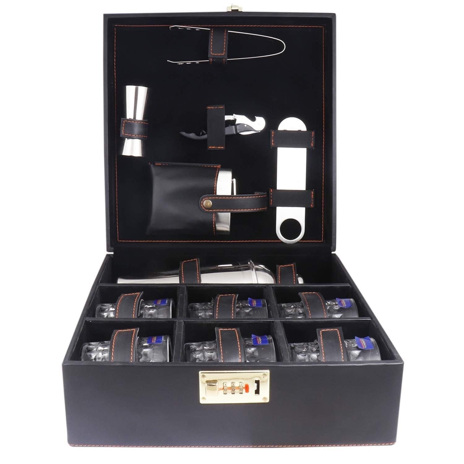 Wellingston Leather Portable 6-Glass Bar Set with Cocktail Shaker and Bar Tools Kit, Barware Sets for Whisky, Travel, Picnic and Gifting | Bar Set for Car | Bartender Kit | Black