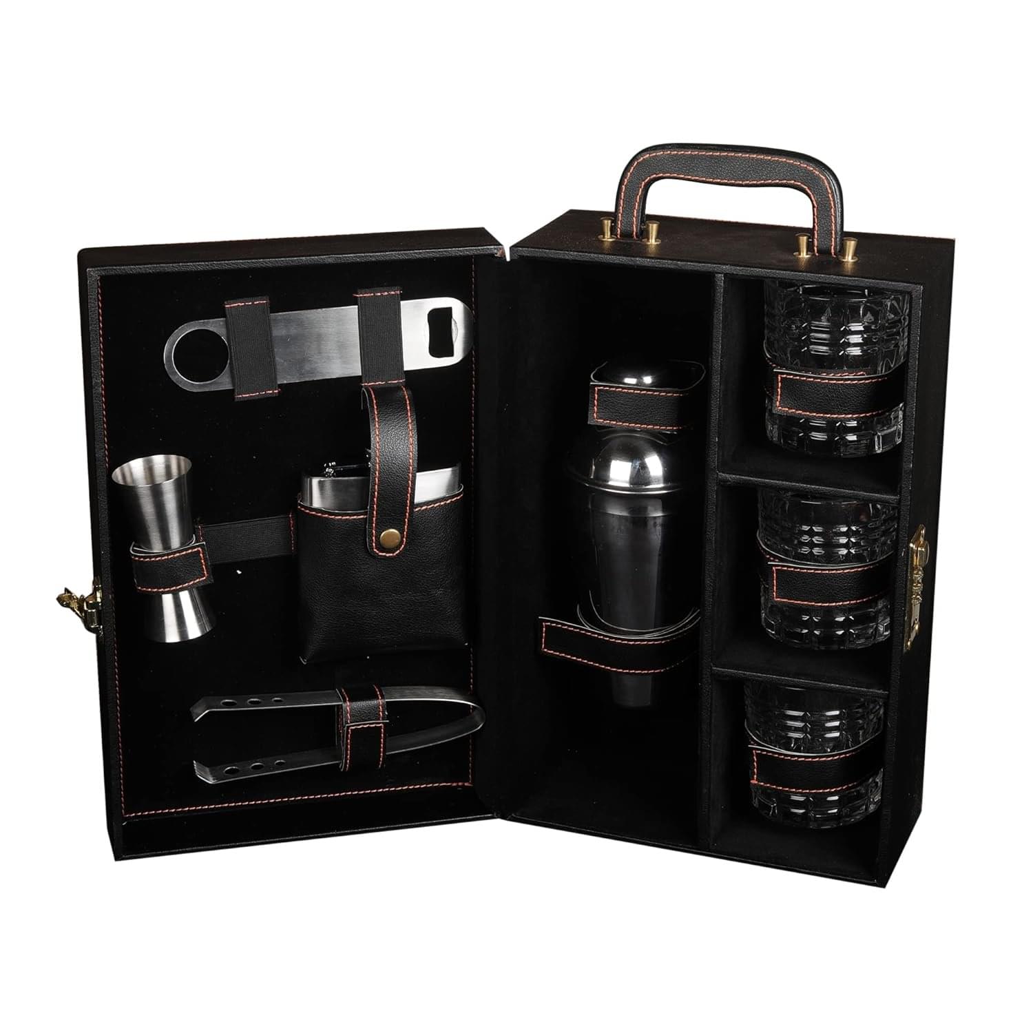 Premium Bar Accessories Set with Whiskey Glasses | Premium Bar Tool Kit in Luxury Carry Case | Bar Set for Travel | Bar Set for Car | (Black)